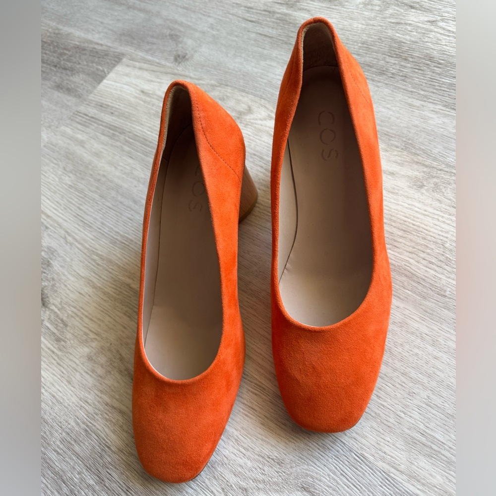 COS Orange Suede & Wood Block Heel Mod Style Square Toe Pumps Short Heels Size 7 - Picture 3 of 14